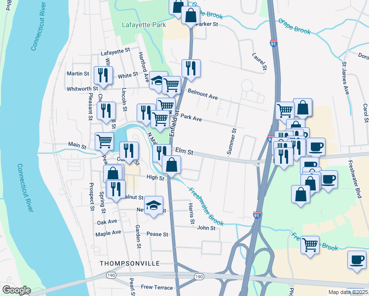 map of restaurants, bars, coffee shops, grocery stores, and more near Elm Street in Enfield