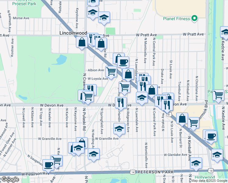 map of restaurants, bars, coffee shops, grocery stores, and more near 6450 North Hamlin Avenue in Lincolnwood