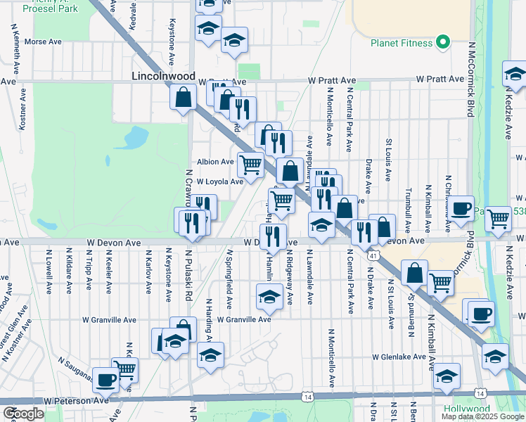 map of restaurants, bars, coffee shops, grocery stores, and more near 6450 North Hamlin Avenue in Lincolnwood