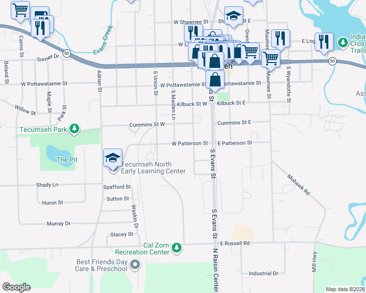 map of restaurants, bars, coffee shops, grocery stores, and more near 208 West Patterson Street in Tecumseh