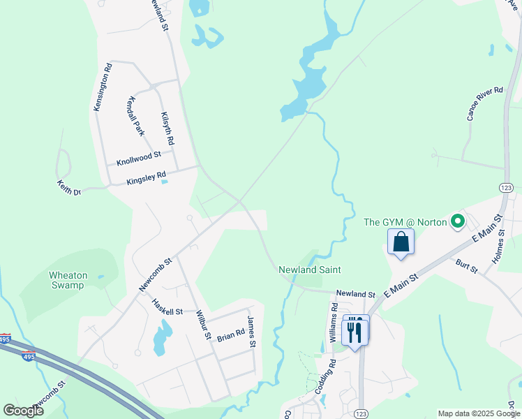 map of restaurants, bars, coffee shops, grocery stores, and more near 55 Newland Street in Norton