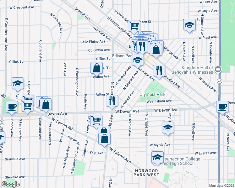 map of restaurants, bars, coffee shops, grocery stores, and more near 6504 North Oliphant Avenue in Chicago