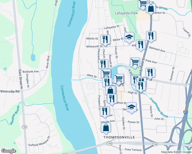 map of restaurants, bars, coffee shops, grocery stores, and more near 78 Main Street in Enfield