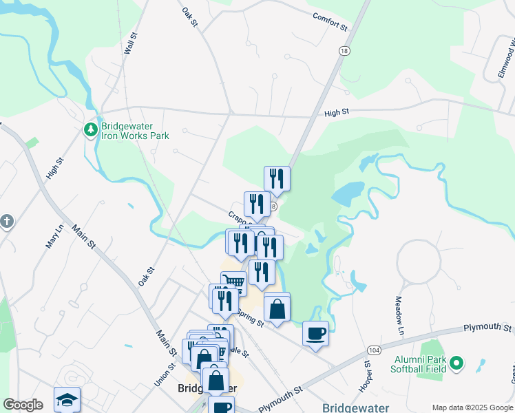 map of restaurants, bars, coffee shops, grocery stores, and more near 19 Ball Avenue in Bridgewater