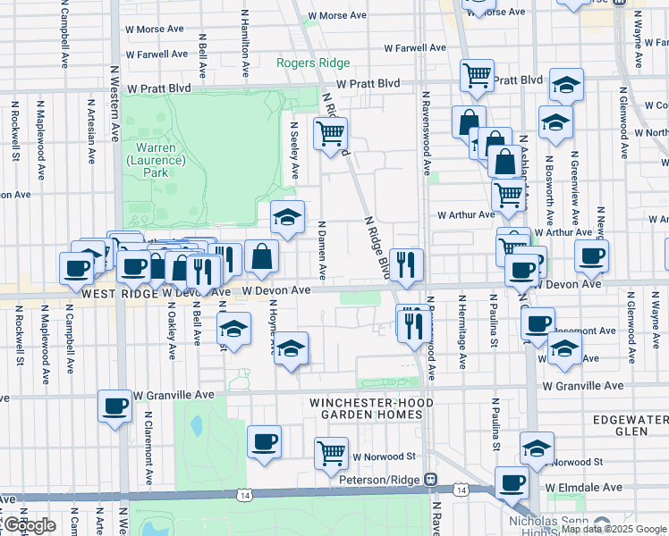 map of restaurants, bars, coffee shops, grocery stores, and more near 6417 North Damen Avenue in Chicago