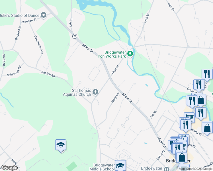map of restaurants, bars, coffee shops, grocery stores, and more near 32 Center Street in Bridgewater