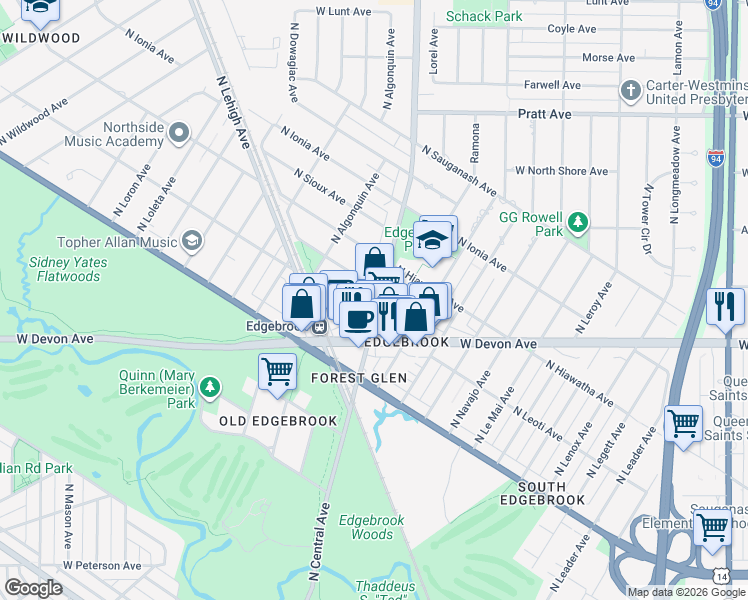map of restaurants, bars, coffee shops, grocery stores, and more near 6434 North Central Avenue in Chicago