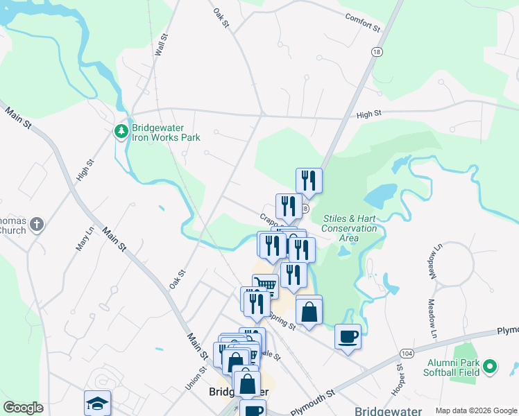 map of restaurants, bars, coffee shops, grocery stores, and more near 63 Ball Avenue in Bridgewater