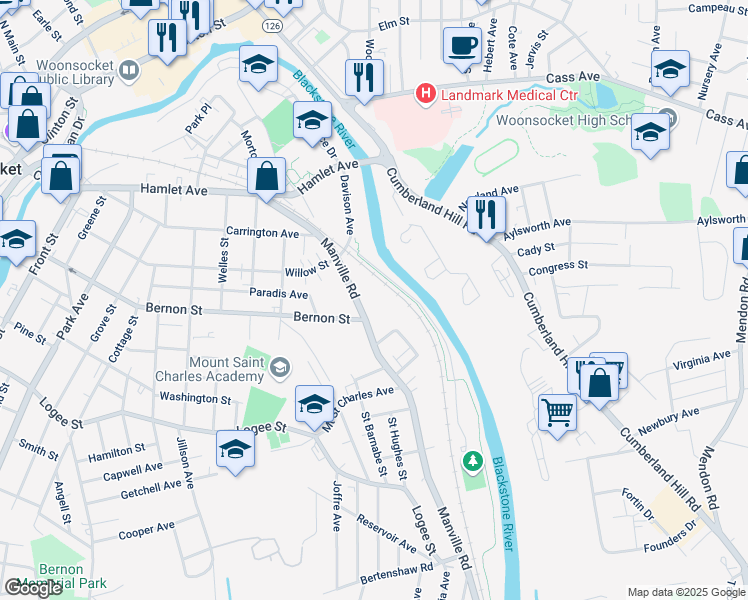 map of restaurants, bars, coffee shops, grocery stores, and more near 354 Manville Road in Woonsocket