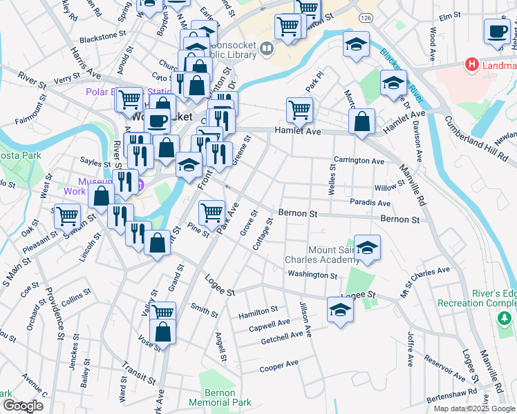 map of restaurants, bars, coffee shops, grocery stores, and more near 325 Grove Street in Woonsocket