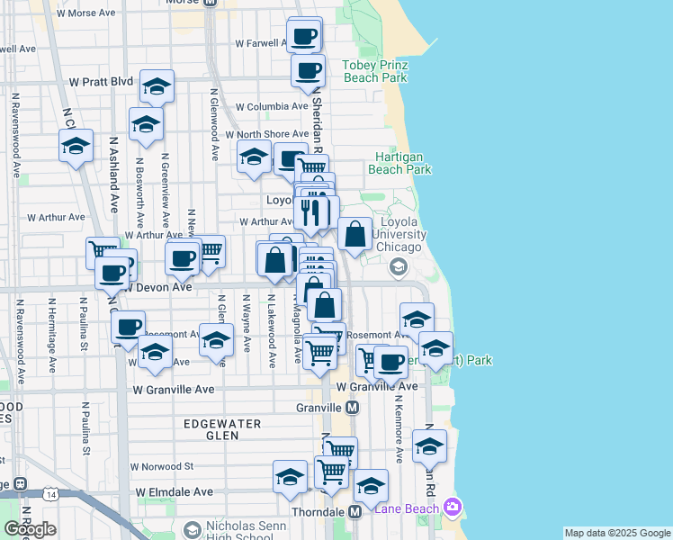 map of restaurants, bars, coffee shops, grocery stores, and more near 6401 North Sheridan Road in Chicago