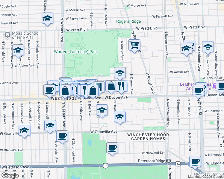 map of restaurants, bars, coffee shops, grocery stores, and more near 6419 North Hoyne Avenue in Chicago