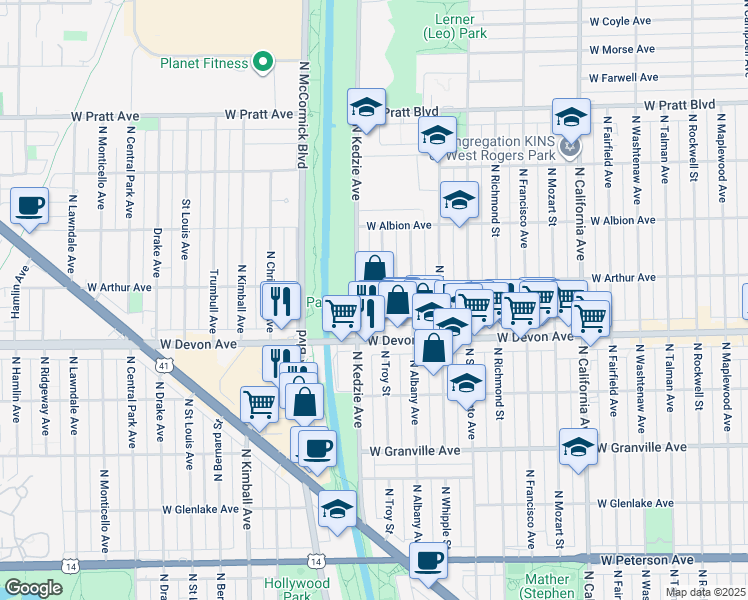 map of restaurants, bars, coffee shops, grocery stores, and more near 6435 North Troy Street in Chicago