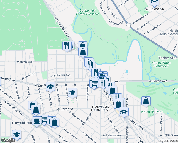 map of restaurants, bars, coffee shops, grocery stores, and more near 6450 North Milwaukee Avenue in Chicago