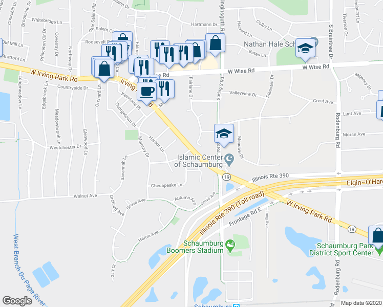 map of restaurants, bars, coffee shops, grocery stores, and more near 1455 Fairlane Drive in Schaumburg