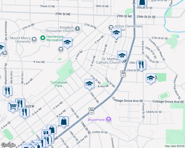map of restaurants, bars, coffee shops, grocery stores, and more near 419 21st Street Northeast in Cedar Rapids
