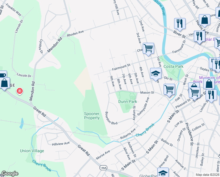 map of restaurants, bars, coffee shops, grocery stores, and more near 316 10th Avenue in Woonsocket