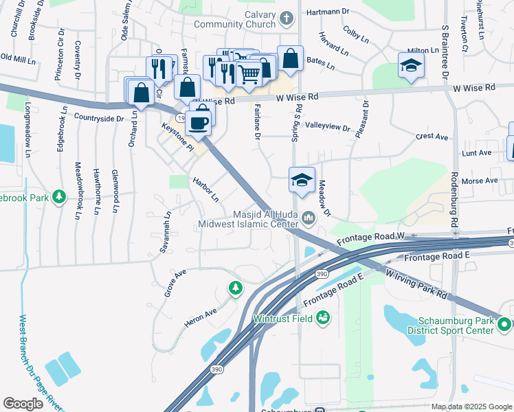 map of restaurants, bars, coffee shops, grocery stores, and more near 1722 Chesapeake Lane in Schaumburg
