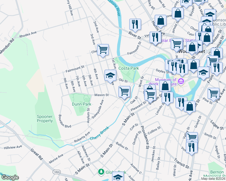 map of restaurants, bars, coffee shops, grocery stores, and more near 56 2nd Avenue in Woonsocket