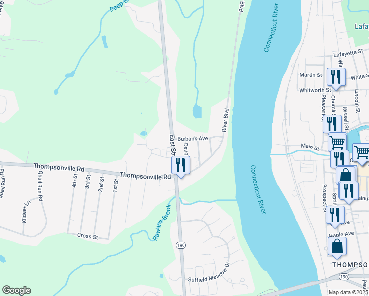 map of restaurants, bars, coffee shops, grocery stores, and more near 55 Douglas St in Suffield
