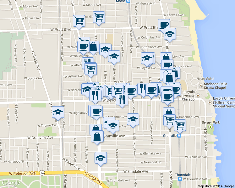map of restaurants, bars, coffee shops, grocery stores, and more near 6417 North Greenview Avenue in Chicago