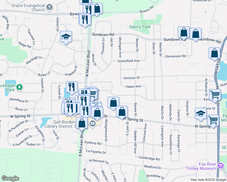 map of restaurants, bars, coffee shops, grocery stores, and more near 995 Kane Street in South Elgin