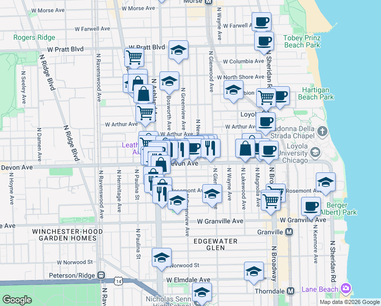 map of restaurants, bars, coffee shops, grocery stores, and more near 6419 North Greenview Avenue in Chicago