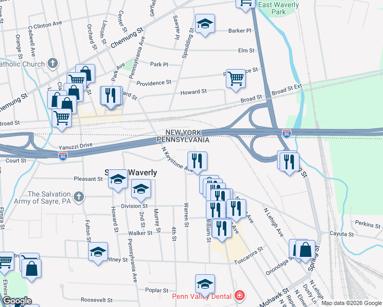 map of restaurants, bars, coffee shops, grocery stores, and more near Wilcox Street in South Waverly