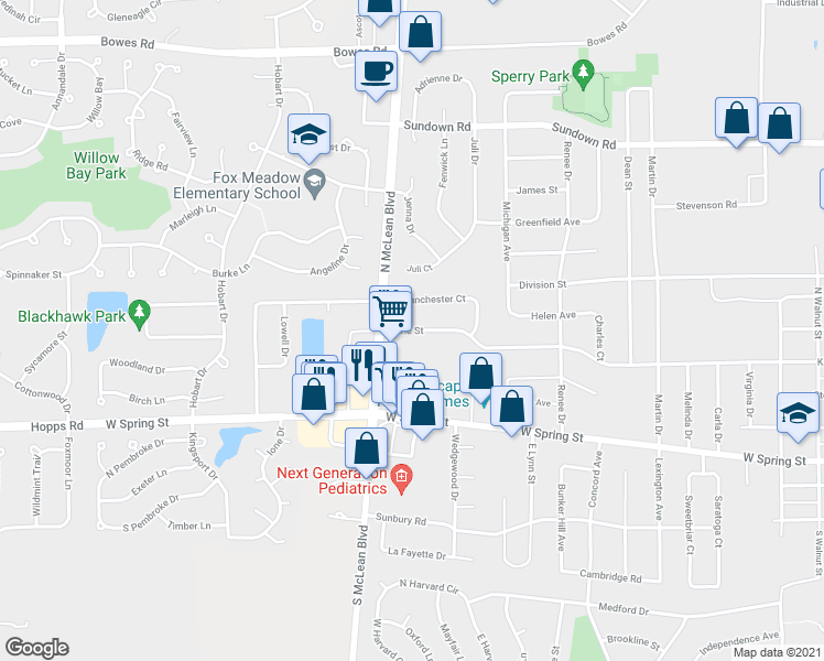 map of restaurants, bars, coffee shops, grocery stores, and more near 1085 Kane Street in South Elgin