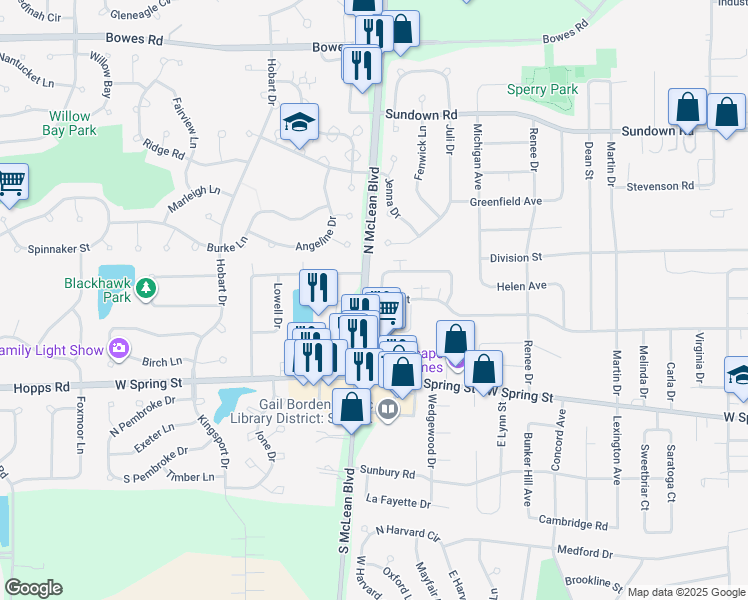 map of restaurants, bars, coffee shops, grocery stores, and more near 1121 Kane Street in South Elgin