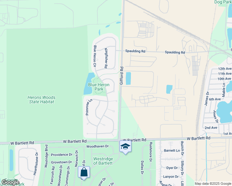 map of restaurants, bars, coffee shops, grocery stores, and more near 319 Veronica Circle in Bartlett