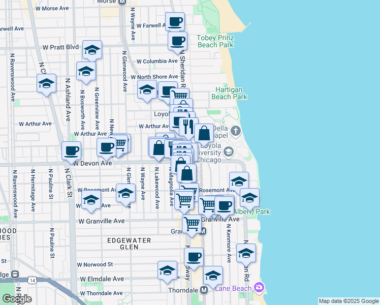 map of restaurants, bars, coffee shops, grocery stores, and more near 6401 North Sheridan Road in Chicago