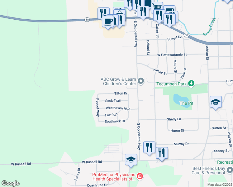 map of restaurants, bars, coffee shops, grocery stores, and more near 494 Tilton Drive in Tecumseh