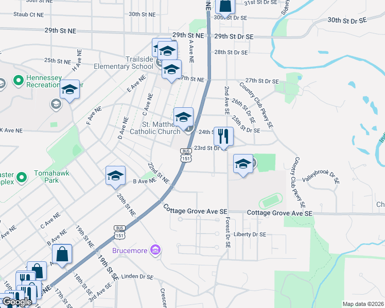 map of restaurants, bars, coffee shops, grocery stores, and more near 130 Thompson Drive Southeast in Cedar Rapids