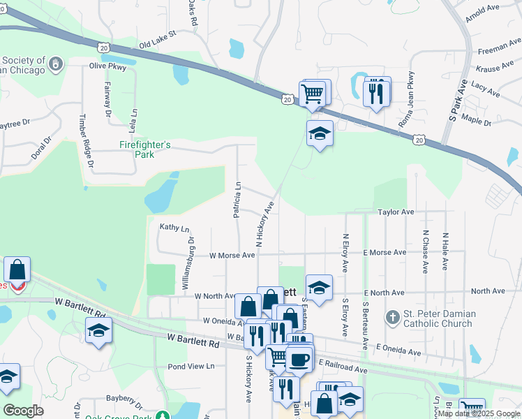 map of restaurants, bars, coffee shops, grocery stores, and more near 300 Queens Parkway in Bartlett