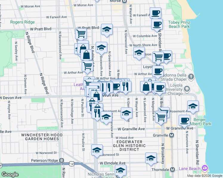 map of restaurants, bars, coffee shops, grocery stores, and more near 6417 North Greenview Avenue in Chicago
