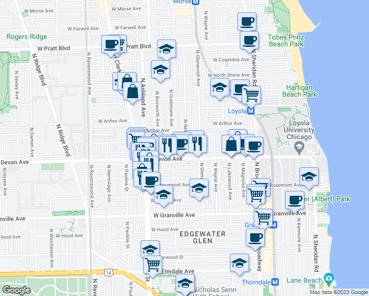 map of restaurants, bars, coffee shops, grocery stores, and more near 6418 North Newgard Avenue in Chicago