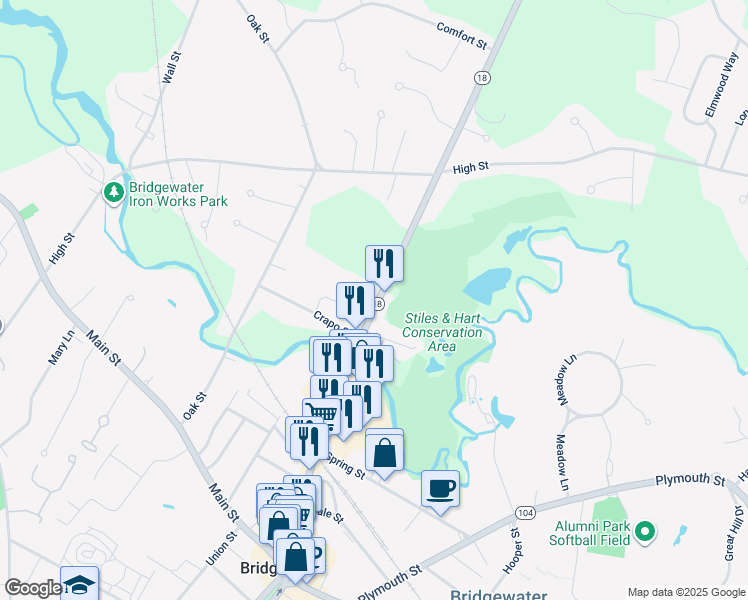 map of restaurants, bars, coffee shops, grocery stores, and more near 327 Broad Street in Bridgewater