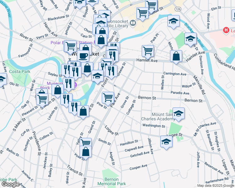 map of restaurants, bars, coffee shops, grocery stores, and more near 279 Greene Street in Woonsocket