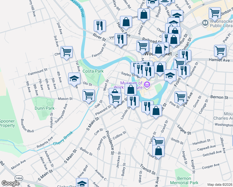 map of restaurants, bars, coffee shops, grocery stores, and more near 24 Olo Street in Woonsocket