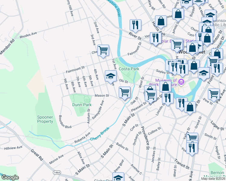 map of restaurants, bars, coffee shops, grocery stores, and more near 40 2nd Avenue in Woonsocket