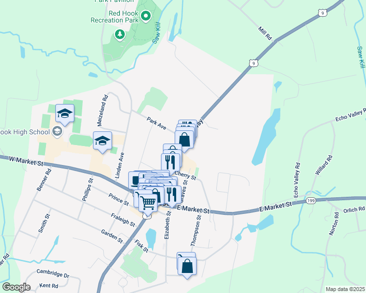 map of restaurants, bars, coffee shops, grocery stores, and more near 7583 North Broadway in Red Hook
