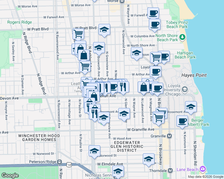 map of restaurants, bars, coffee shops, grocery stores, and more near 6417 North Greenview Avenue in Chicago