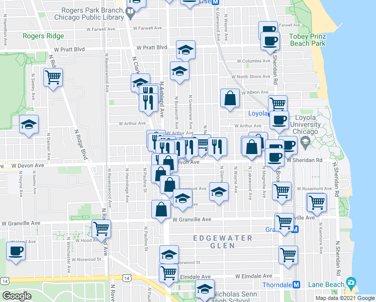 map of restaurants, bars, coffee shops, grocery stores, and more near 6421 North Bosworth Avenue in Chicago