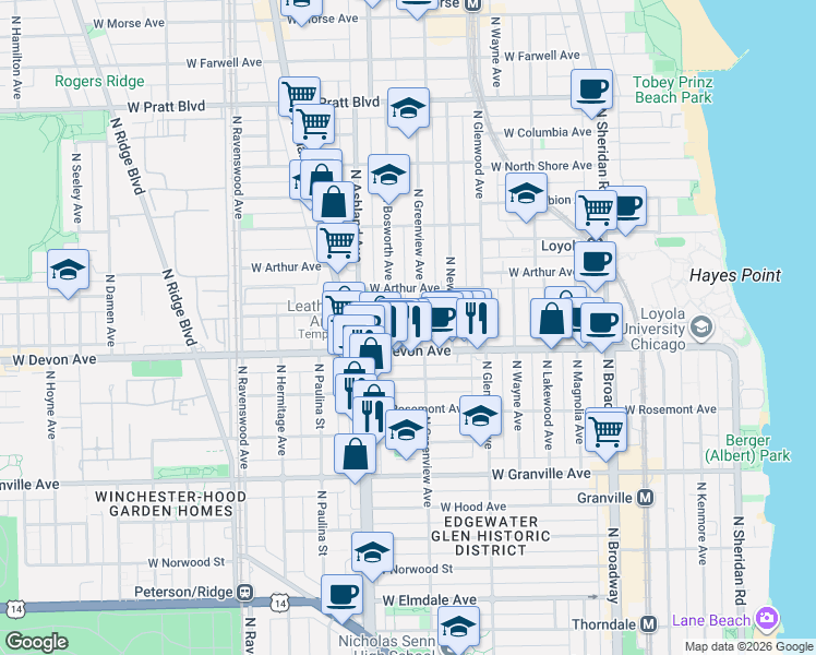 map of restaurants, bars, coffee shops, grocery stores, and more near 6421 North Bosworth Avenue in Chicago