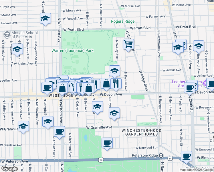 map of restaurants, bars, coffee shops, grocery stores, and more near 6419 North Hoyne Avenue in Chicago