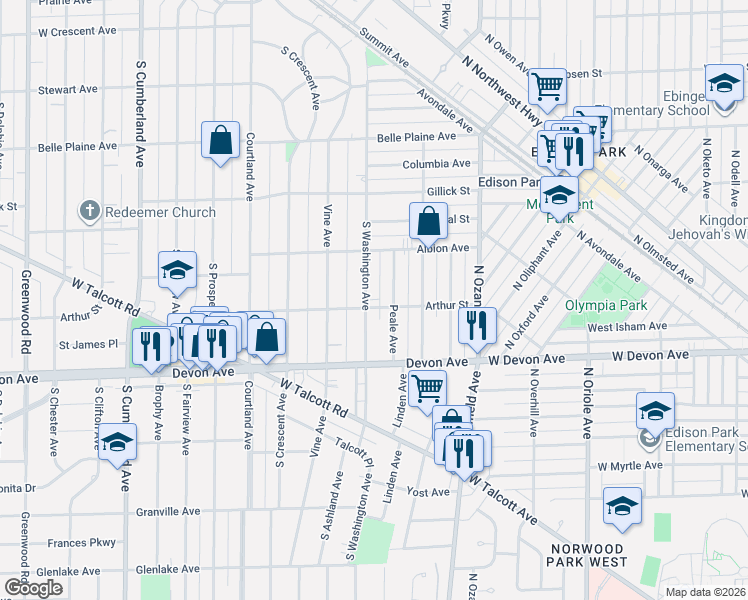 map of restaurants, bars, coffee shops, grocery stores, and more near 301 Arthur Street in Park Ridge