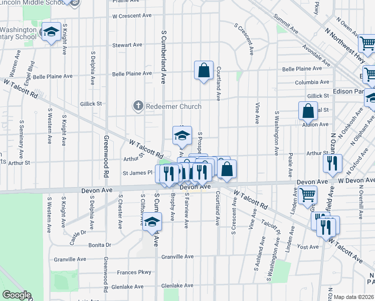 map of restaurants, bars, coffee shops, grocery stores, and more near 1007 South Fairview Avenue in Park Ridge