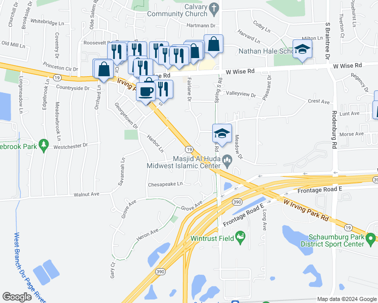 map of restaurants, bars, coffee shops, grocery stores, and more near 1455 Fairlane Drive in Schaumburg