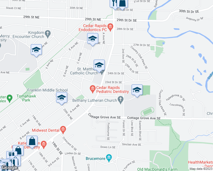 map of restaurants, bars, coffee shops, grocery stores, and more near 130 Thompson Drive Southeast in Cedar Rapids